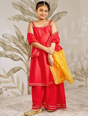 Girls red rayon kurta palazzo set with dupatta 3