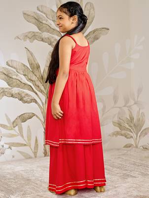 Girls red rayon kurta palazzo set with dupatta 5