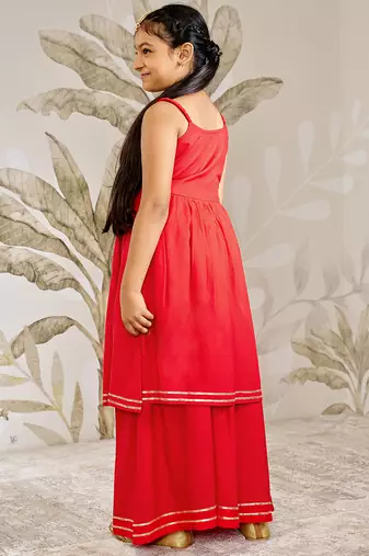 Girls red rayon kurta palazzo set with dupatta