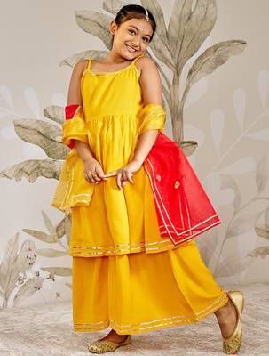 Girls mustard rayon kurta palazzo set with dupatta 1