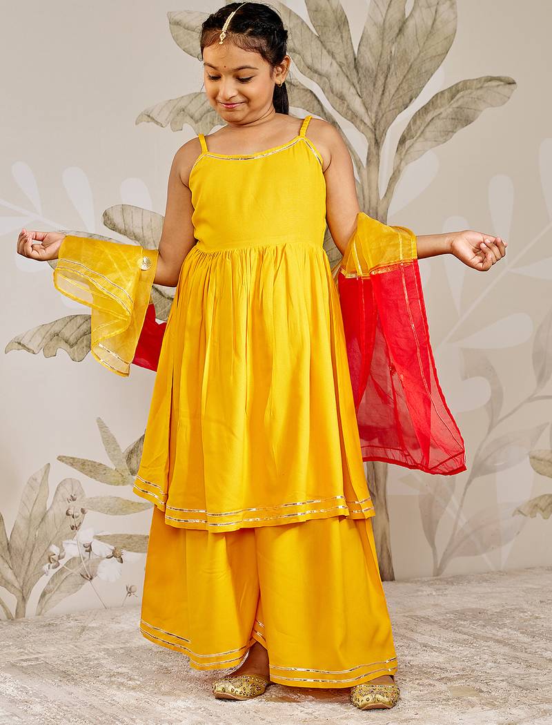 Girls mustard rayon kurta palazzo set with dupatta