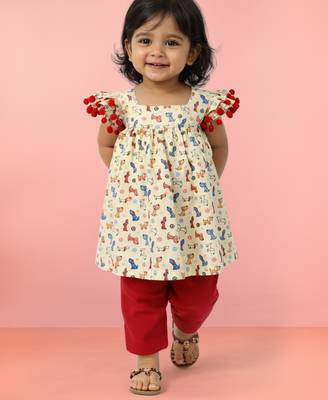 Girls' multicolour cotton a-line kurta & red pant set | ruffle sleeves | animal print | casual & festive ethnic wear 1