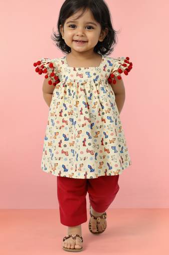 Girls' multicolour cotton a-line kurta & red pant set | ruffle sleeves | animal print | casual & festive ethnic wear