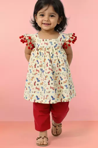 Girls' multicolour cotton a-line kurta & red pant set | ruffle sleeves | animal print | casual & festive ethnic wear