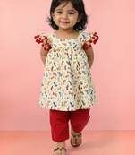 Girls' multicolour cotton a-line kurta & red pant set | ruffle sleeves | animal print | casual & festive ethnic wear