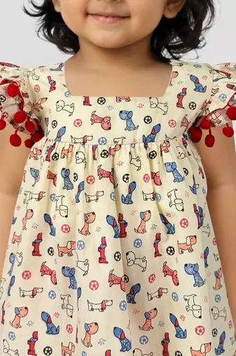 Girls' multicolour cotton a-line kurta & red pant set | ruffle sleeves | animal print | casual & festive ethnic wear