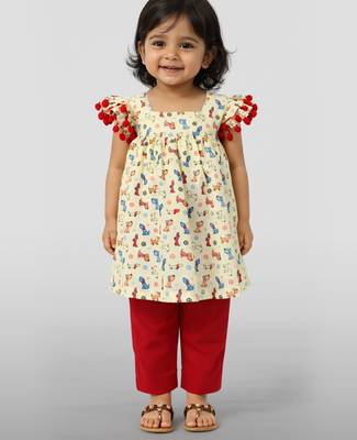 Girls' multicolour cotton a-line kurta & red pant set | ruffle sleeves | animal print | casual & festive ethnic wear 3
