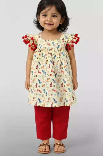 Girls' multicolour cotton a-line kurta & red pant set | ruffle sleeves | animal print | casual & festive ethnic wear