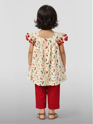 Girls' multicolour cotton a-line kurta & red pant set | ruffle sleeves | animal print | casual & festive ethnic wear 4