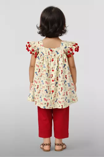 Girls' multicolour cotton a-line kurta & red pant set | ruffle sleeves | animal print | casual & festive ethnic wear