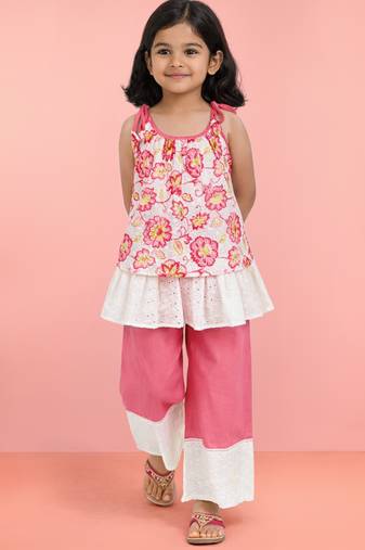 Girls pink cotton schiffli digital floral flare top with palazzo set