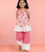 Girls pink cotton schiffli digital floral flare top with palazzo set