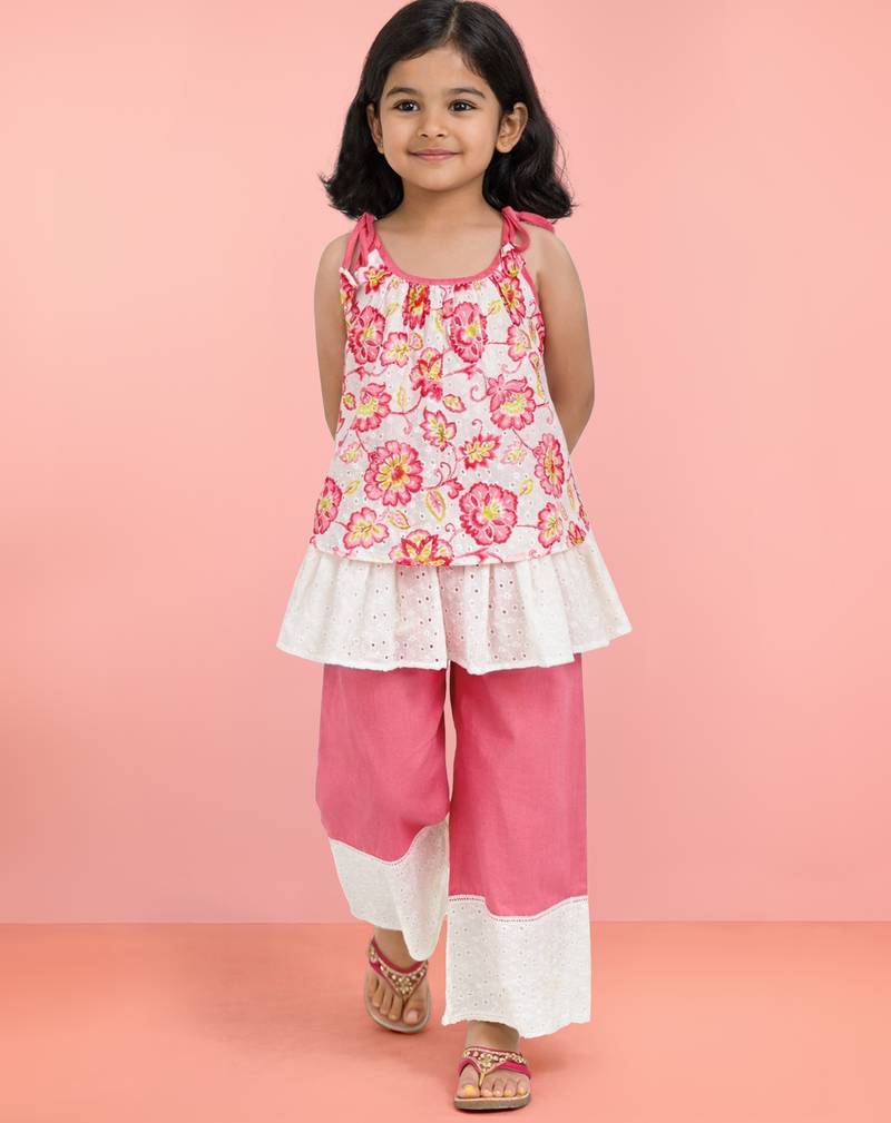 Girls pink cotton schiffli digital floral flare top with palazzo set