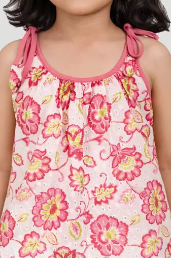Girls pink cotton schiffli digital floral flare top with palazzo set