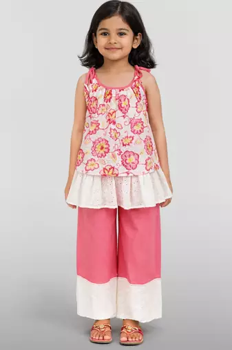 Girls pink cotton schiffli digital floral flare top with palazzo set