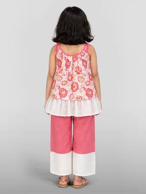 Girls pink cotton schiffli digital floral flare top with palazzo set 4