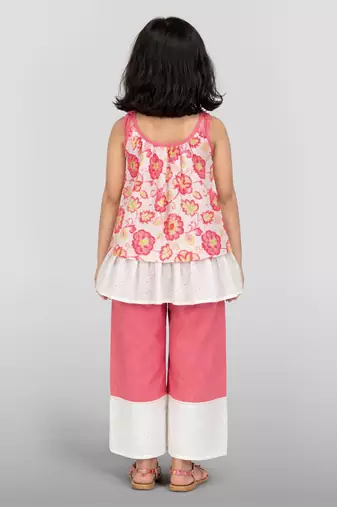 Girls pink cotton schiffli digital floral flare top with palazzo set
