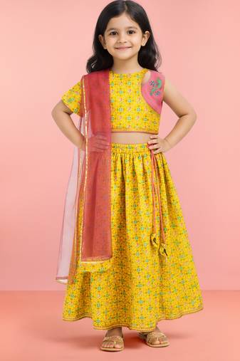 Girls yellow cotton digital animal print resham embroidery lehenga choli with net dupatta set