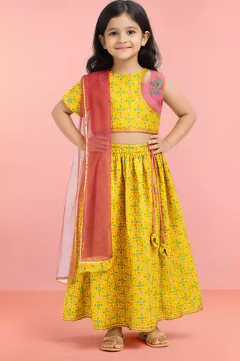 Girls yellow cotton digital animal print resham embroidery lehenga choli with net dupatta set