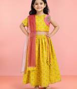 Girls yellow cotton digital animal print resham embroidery lehenga choli with net dupatta set