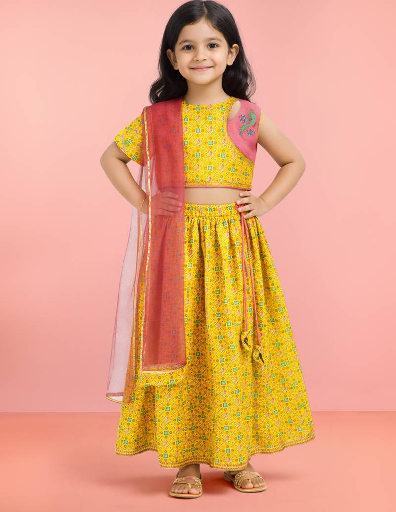 Girls yellow cotton digital animal print resham embroidery lehenga choli with net dupatta set