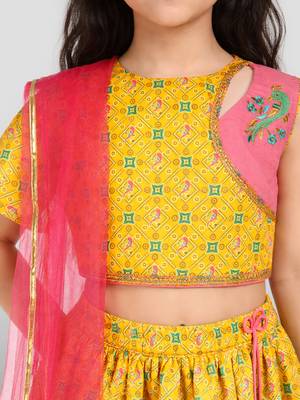Girls yellow cotton digital animal print resham embroidery lehenga choli with net dupatta set 2