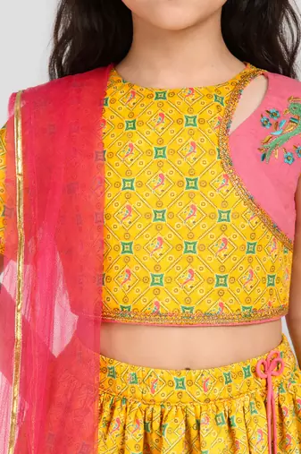 Girls yellow cotton digital animal print resham embroidery lehenga choli with net dupatta set