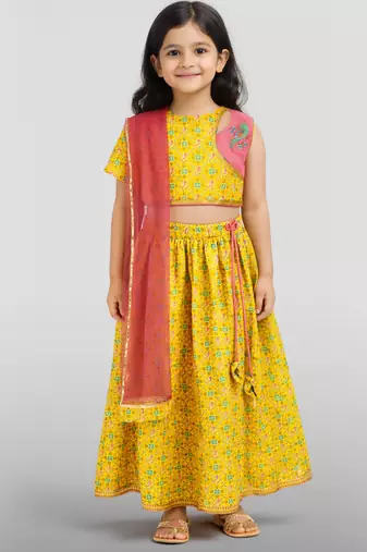 Girls yellow cotton digital animal print resham embroidery lehenga choli with net dupatta set