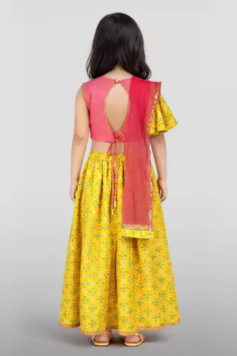 Girls yellow cotton digital animal print resham embroidery lehenga choli with net dupatta set