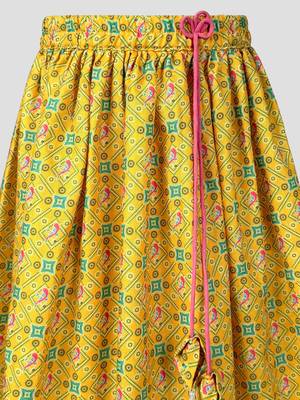 Girls yellow cotton digital animal print resham embroidery lehenga choli with net dupatta set 5