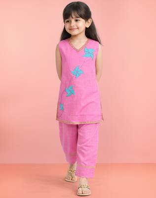 Girls pink cotton slub embroidered kurta with pant set | applique abstract | sleeveless | festive casual wear 1