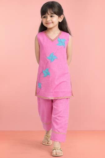 Girls pink cotton slub embroidered kurta with pant set | applique abstract | sleeveless | festive casual wear