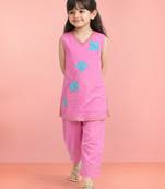 Girls pink cotton slub embroidered kurta with pant set | applique abstract | sleeveless | festive casual wear
