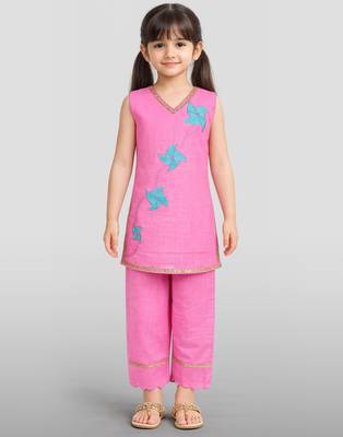 Girls pink cotton slub embroidered kurta with pant set | applique abstract | sleeveless | festive casual wear 3
