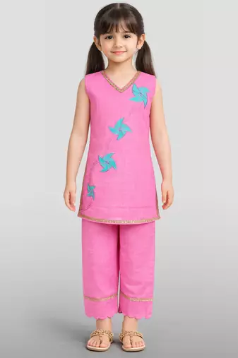 Girls pink cotton slub embroidered kurta with pant set | applique abstract | sleeveless | festive casual wear