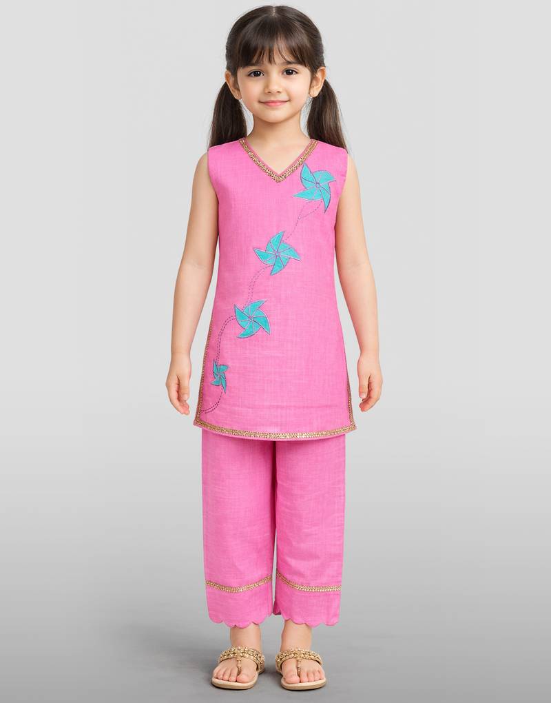 Girls pink cotton slub embroidered kurta with pant set | applique abstract | sleeveless | festive casual wear
