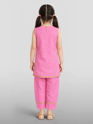Girls pink cotton slub embroidered kurta with pant set | applique abstract | sleeveless | festive casual wear 4