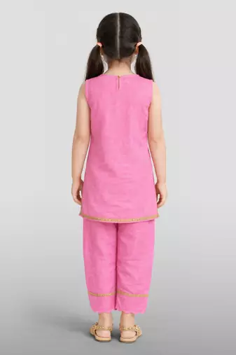Girls pink cotton slub embroidered kurta with pant set | applique abstract | sleeveless | festive casual wear