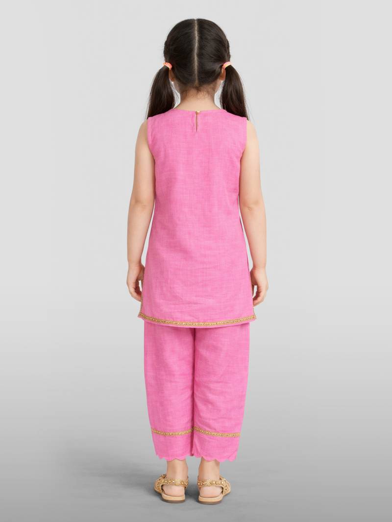 Girls pink cotton slub embroidered kurta with pant set | applique abstract | sleeveless | festive casual wear