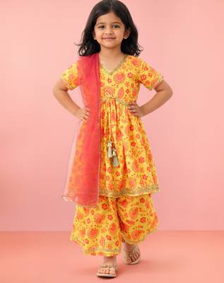Girls yellow cotton digital floral print kurta with palazzo set | short sleeves | v-neck | festive casual 1