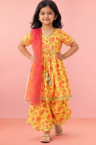 Girls yellow cotton digital floral print kurta with palazzo set | short sleeves | v-neck | festive casual