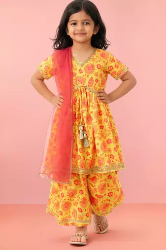 Girls yellow cotton digital floral print kurta with palazzo set | short sleeves | v-neck | festive casual
