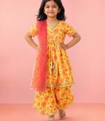 Girls yellow cotton digital floral print kurta with palazzo set | short sleeves | v-neck | festive casual