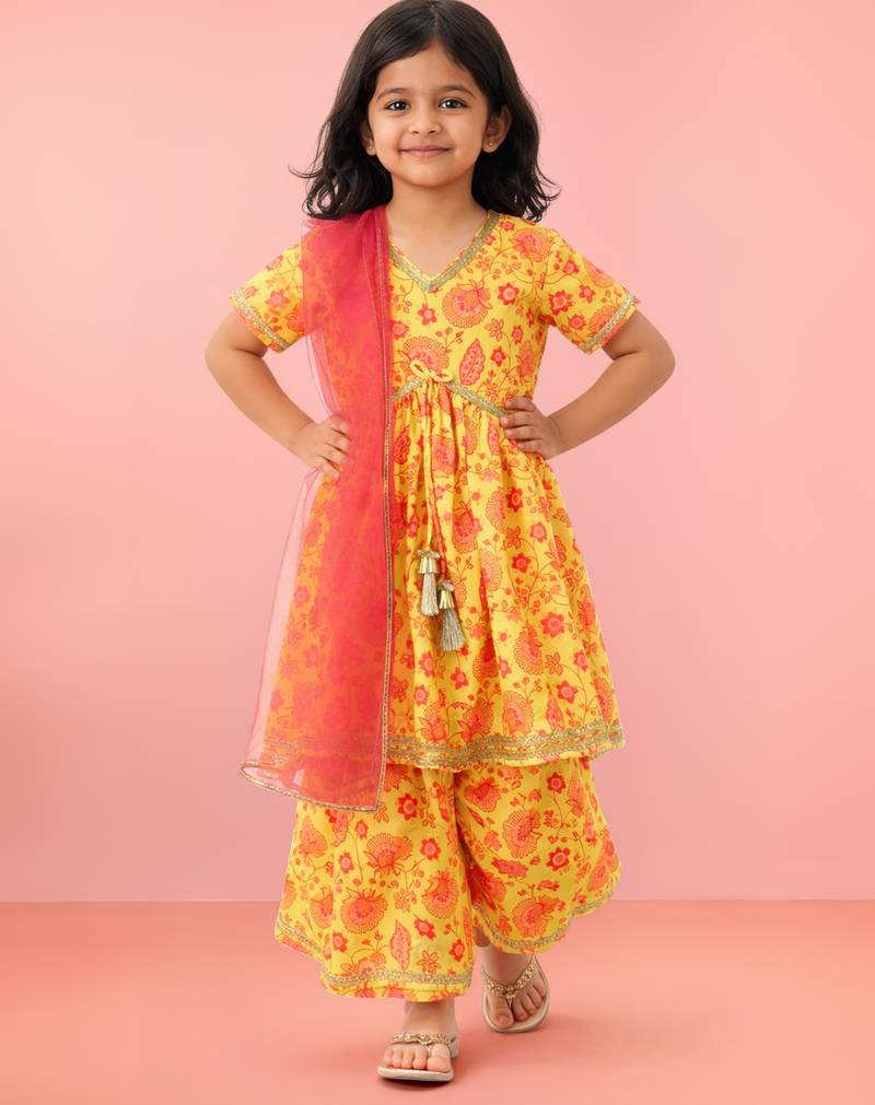 Girls yellow cotton digital floral print kurta with palazzo set | short sleeves | v-neck | festive casual