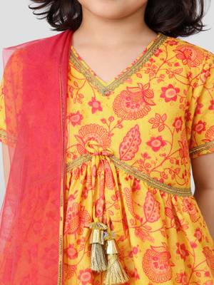 Girls yellow cotton digital floral print kurta with palazzo set | short sleeves | v-neck | festive casual 2