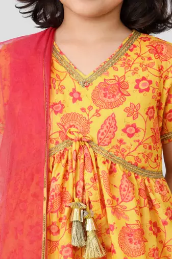 Girls yellow cotton digital floral print kurta with palazzo set | short sleeves | v-neck | festive casual