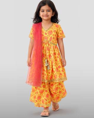 Girls yellow cotton digital floral print kurta with palazzo set | short sleeves | v-neck | festive casual 3