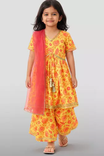 Girls yellow cotton digital floral print kurta with palazzo set | short sleeves | v-neck | festive casual