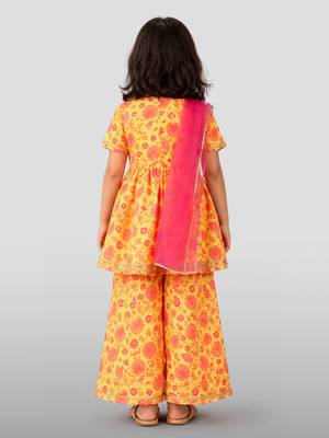 Girls yellow cotton digital floral print kurta with palazzo set | short sleeves | v-neck | festive casual 4