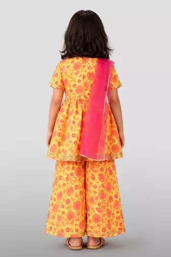 Girls yellow cotton digital floral print kurta with palazzo set | short sleeves | v-neck | festive casual